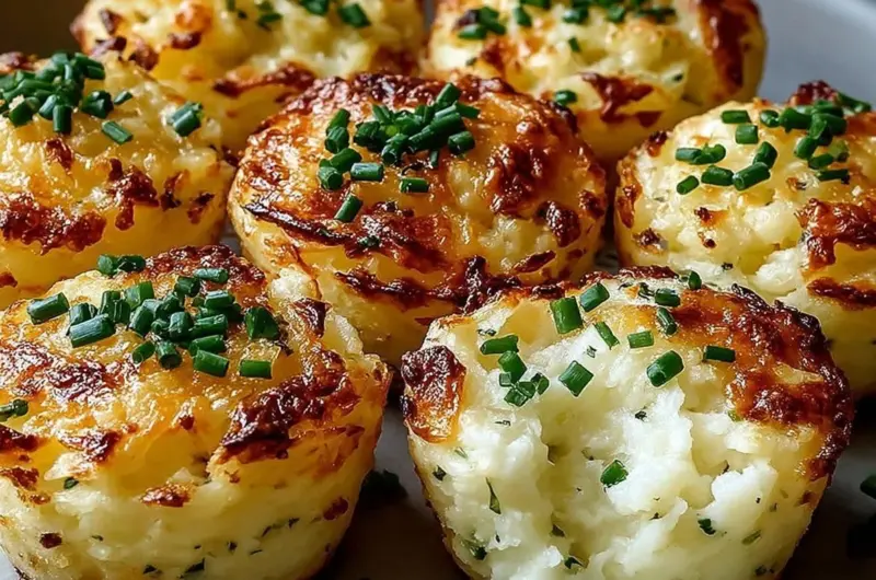 Delicious Garlic Chive Mashed Potato Puffins served on a plate, garnished with herbs.