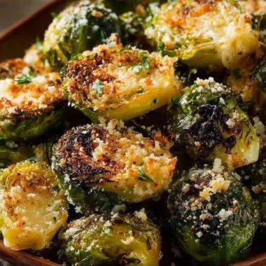 Delicious Garlic Parmesan Roasted Brussels Sprouts served in a bowl