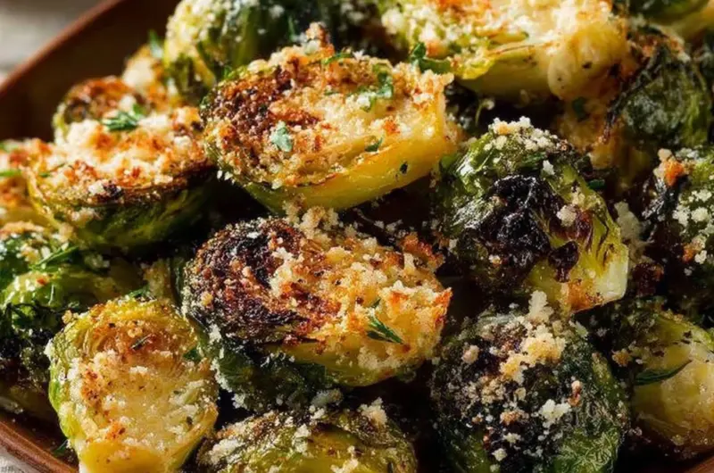 Delicious Garlic Parmesan Roasted Brussels Sprouts served in a bowl
