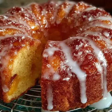 Slice of moist Georgia Peach Pound Cake with fresh peaches on top