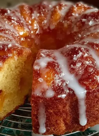 Slice of moist Georgia Peach Pound Cake with fresh peaches on top