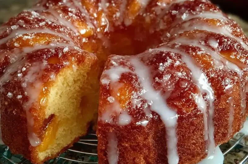 Slice of moist Georgia Peach Pound Cake with fresh peaches on top