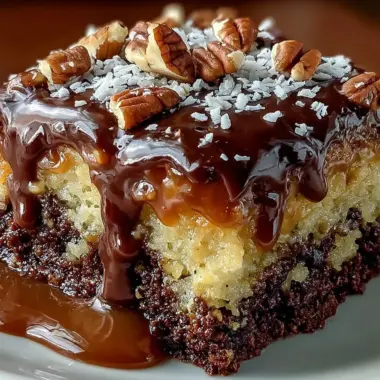 Slice of German Chocolate Poke Cake with coconut pecan frosting on top