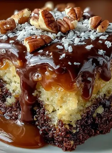 Slice of German Chocolate Poke Cake with coconut pecan frosting on top