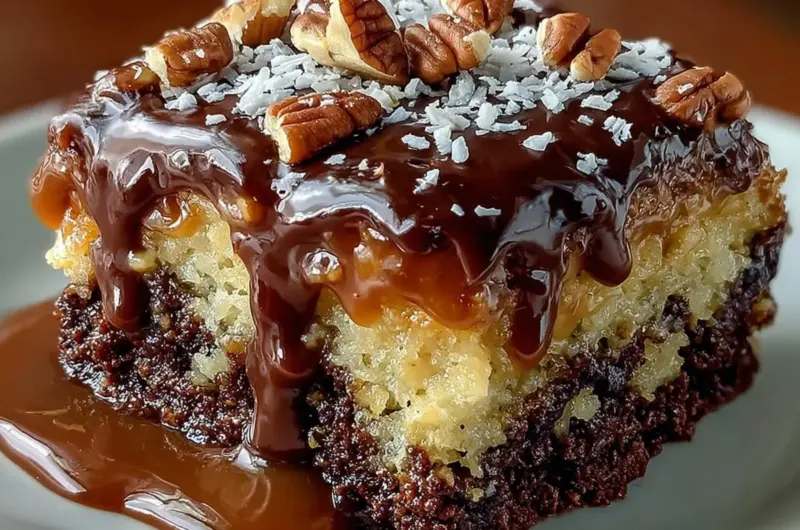 Slice of German Chocolate Poke Cake with coconut pecan frosting on top