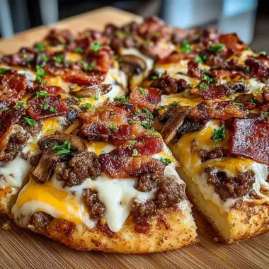 Giant Burger-Pizza topped with meat, cheese, and crispy bacon slices