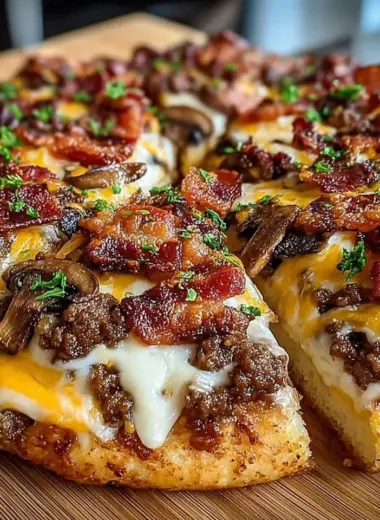 Giant Burger-Pizza topped with meat, cheese, and crispy bacon slices