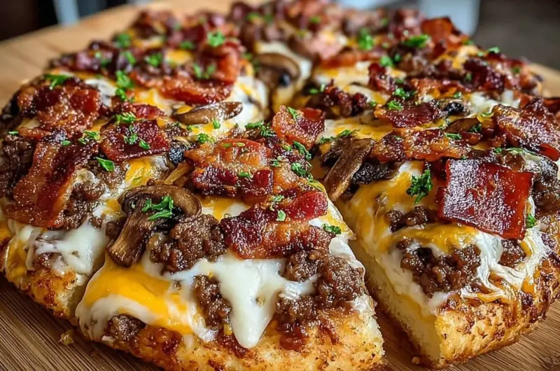 Giant Burger-Pizza topped with meat, cheese, and crispy bacon slices