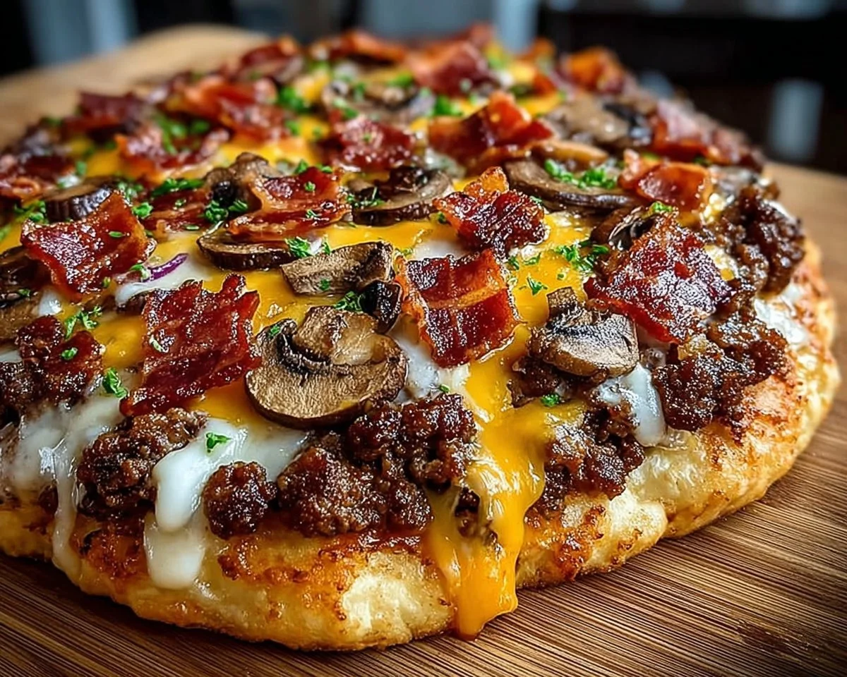 Giant Burger-Pizza with Meat, Cheese, and Bacon Slices