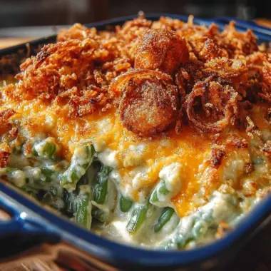 Creamy and cheesy Green Bean Gratin served in a baking dish