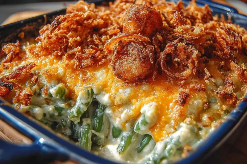 Creamy and cheesy Green Bean Gratin served in a baking dish