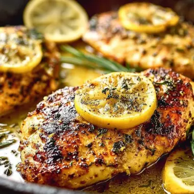 Healthy baked lemon chicken served on a plate with fresh herbs.