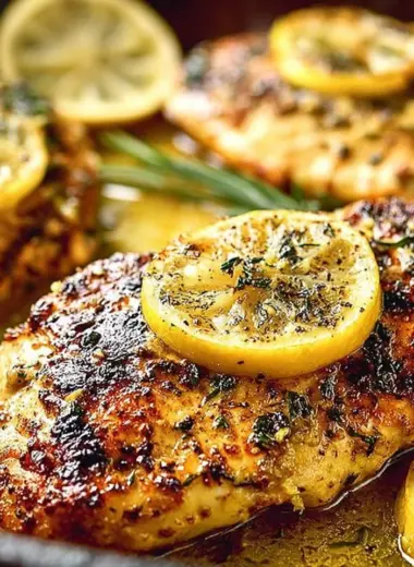 Healthy baked lemon chicken served on a plate with fresh herbs.