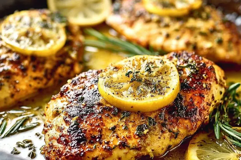 Healthy baked lemon chicken served on a plate with fresh herbs.