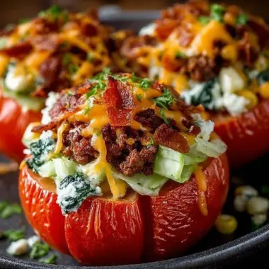Healthy taco stuffed tomatoes filled with ground beef, cheese, and vegetables