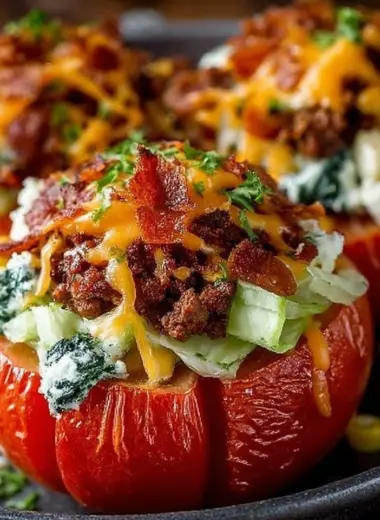 Healthy taco stuffed tomatoes filled with ground beef, cheese, and vegetables