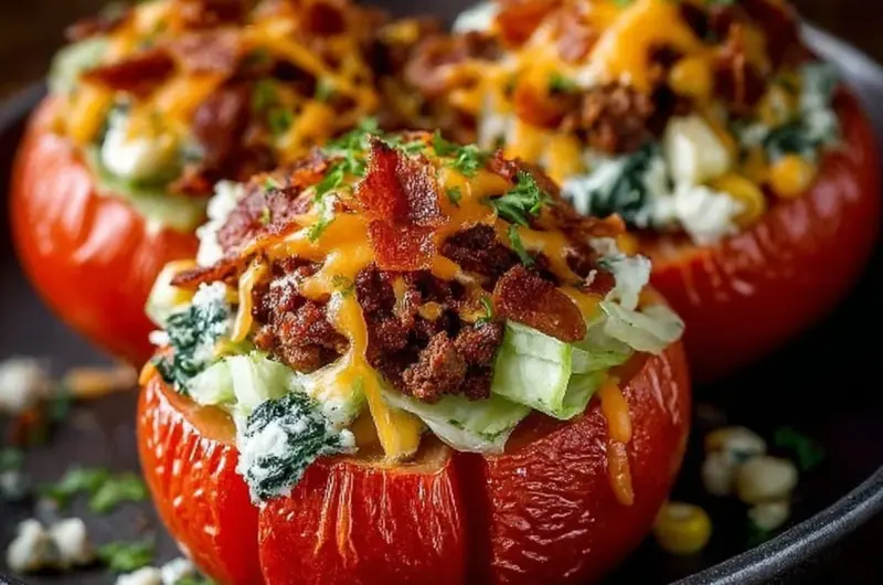 Healthy taco stuffed tomatoes filled with ground beef, cheese, and vegetables