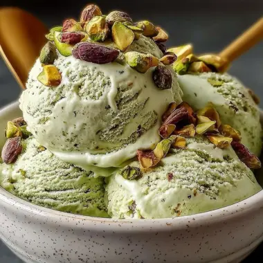 High protein pistachio ice cream in a bowl with pistachio nuts on top.