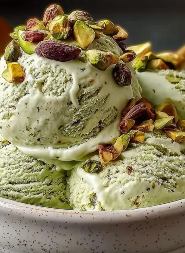 High protein pistachio ice cream in a bowl with pistachio nuts on top.