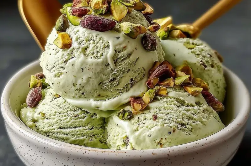 High protein pistachio ice cream in a bowl with pistachio nuts on top.