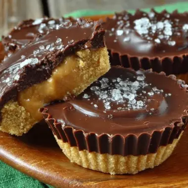 Delicious homemade peanut butter cups on a wooden table