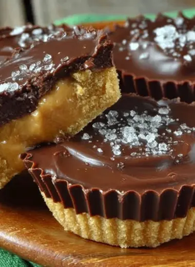 Delicious homemade peanut butter cups on a wooden table