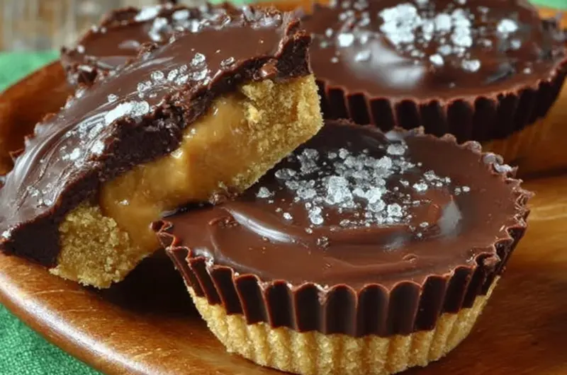 Delicious homemade peanut butter cups on a wooden table