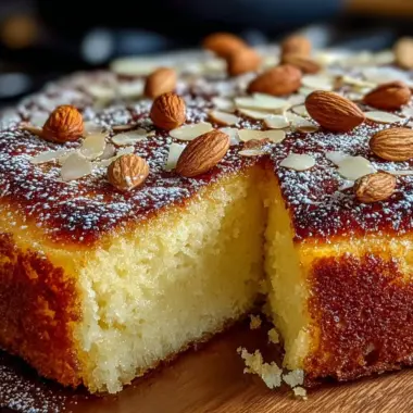 Italian Almond Ricotta Cake with almonds and ricotta cheese on a plate
