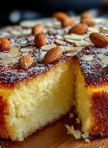 Italian Almond Ricotta Cake with almonds and ricotta cheese on a plate