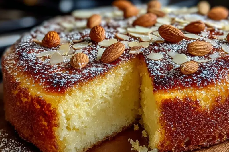 Italian Almond Ricotta Cake with almonds and ricotta cheese on a plate