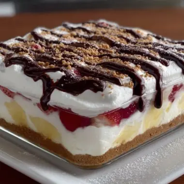 Delicious layered banana split dessert with bananas, ice cream, and toppings