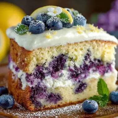 Lemon blueberry cake with cream cheese frosting slice on a white plate