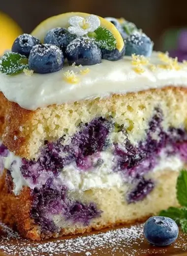 Lemon blueberry cake with cream cheese frosting slice on a white plate