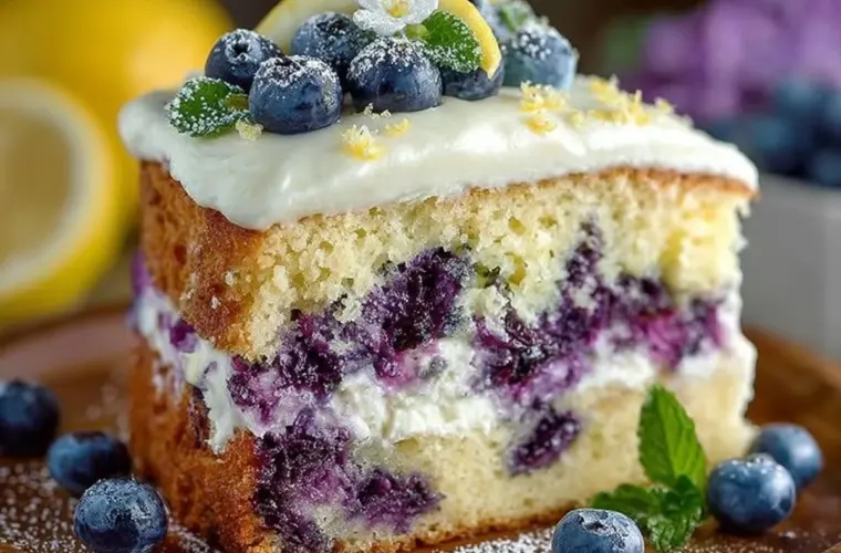 Lemon blueberry cake with cream cheese frosting slice on a white plate