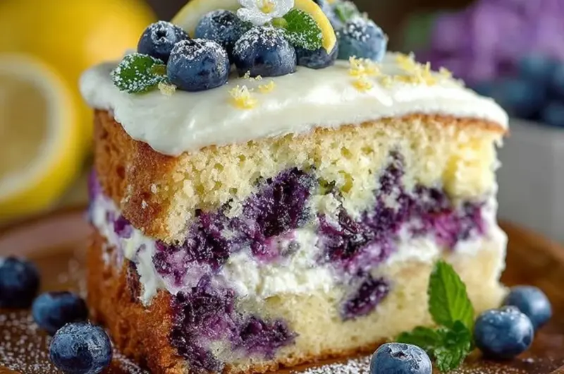 Lemon blueberry cake with cream cheese frosting slice on a white plate