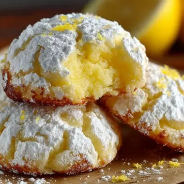 Lemon Crinkle Cookies dusted with powdered sugar on a white plate