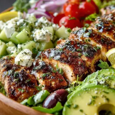 Delicious Loaded Greek Chicken Avocado Salad with fresh ingredients