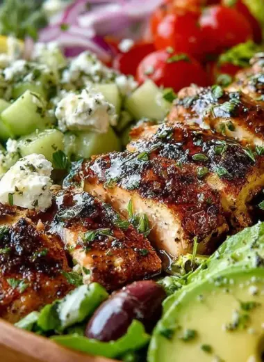 Delicious Loaded Greek Chicken Avocado Salad with fresh ingredients