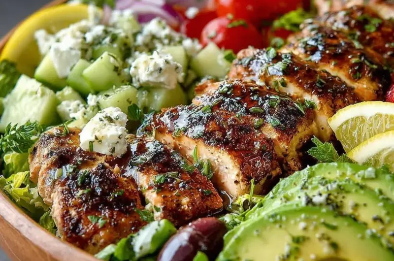 Delicious Loaded Greek Chicken Avocado Salad with fresh ingredients