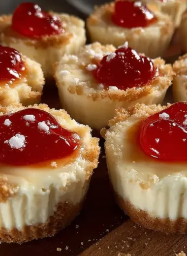 A platter of assorted mini cheesecakes topped with fresh fruit and chocolate.