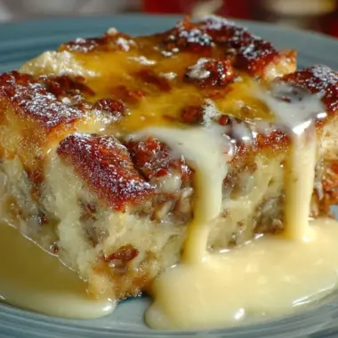 Delicious New Orleans style bread pudding served with sauce