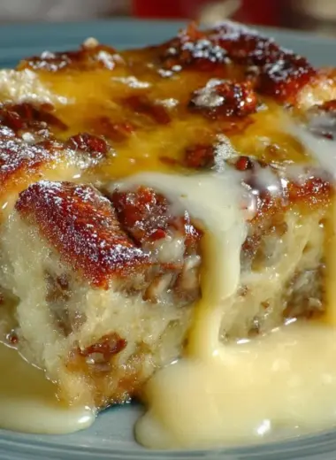 Delicious New Orleans style bread pudding served with sauce