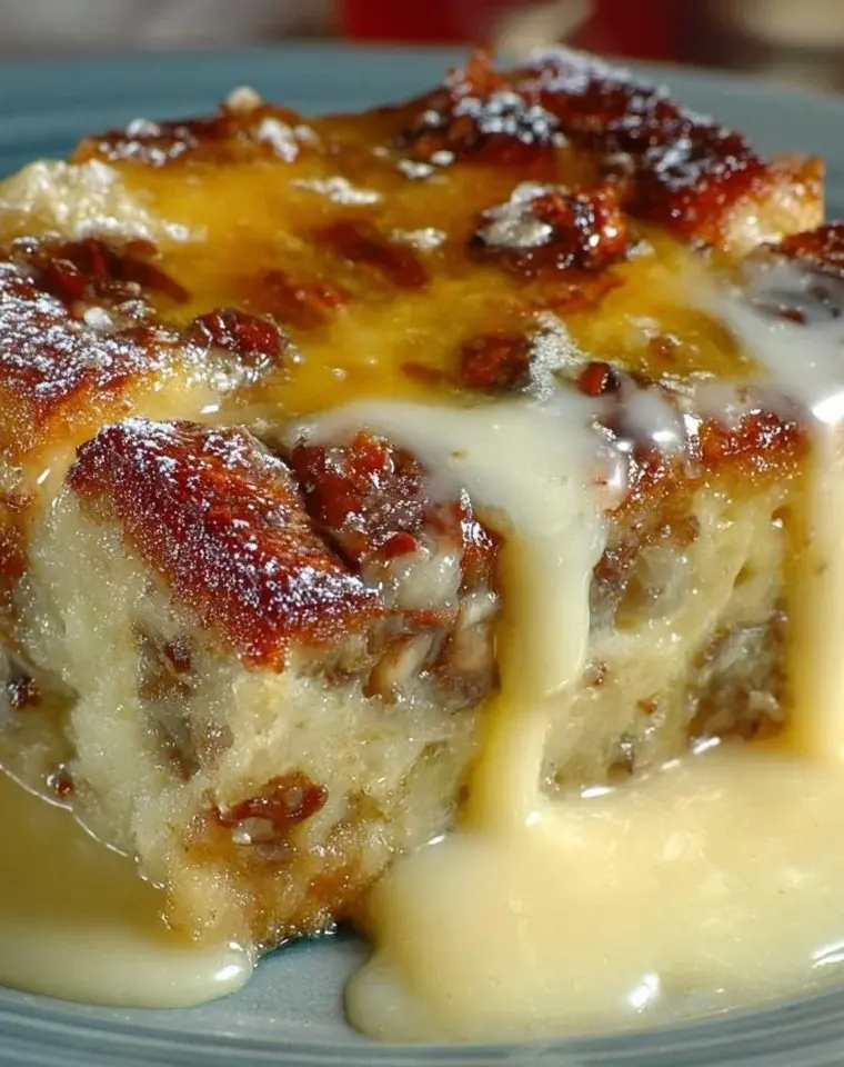 Delicious New Orleans style bread pudding served with sauce