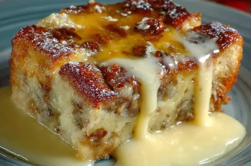 Delicious New Orleans style bread pudding served with sauce