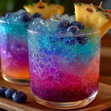A vibrant Northern Lights Glow Punch served in a glass with colorful garnishes.