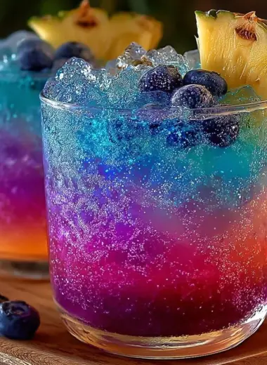A vibrant Northern Lights Glow Punch served in a glass with colorful garnishes.