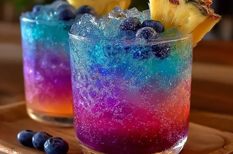 A vibrant Northern Lights Glow Punch served in a glass with colorful garnishes.