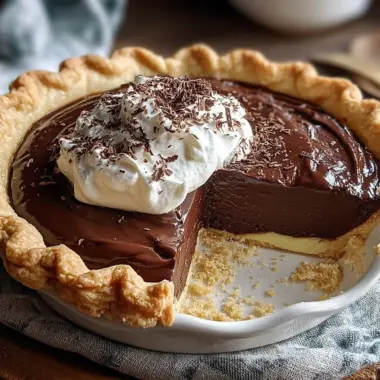Delicious old-fashioned chocolate pie topped with whipped cream and chocolate shavings.