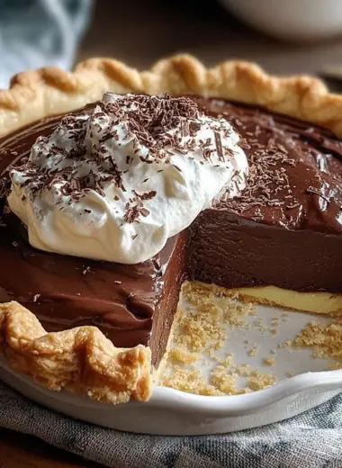 Delicious old-fashioned chocolate pie topped with whipped cream and chocolate shavings.