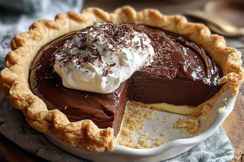 Delicious old-fashioned chocolate pie topped with whipped cream and chocolate shavings.
